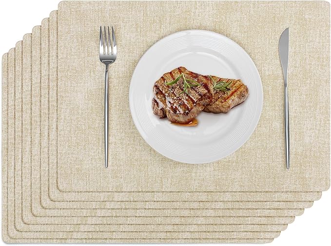 Softalker Vinyl Placemats Set of 8 - Faux Leather Heat Resistant Place Mats, 100% Waterproof Oilproof Wipe Clean Table Mats for Indoor & Outdoor Use, 17’’×12’’, Beige