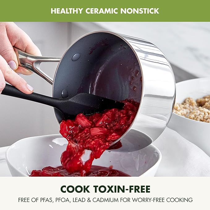 GreenPan Valencia Pro Tri-Ply Stainless Steel 1.5QT Saucepan with Lid, Ceramic Nonstick PFAS-Free, Multi Clad Cookware, Induction, Dishwasher Oven and Broiler Safe