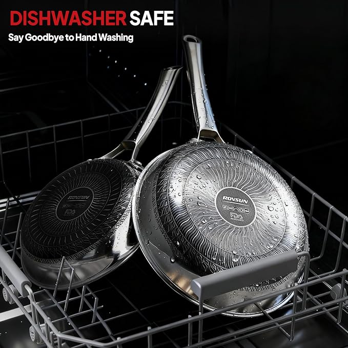 ROVSUN 10 Pcs Non-Stick Cookware Set, Stainless Steel Pots and Pans Set with Lids, Non-Toxic Kitchen Set Chef's Pan, PFOA & PTFE Free, Compatible for All Cooktops