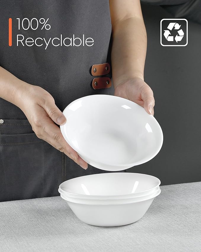 14 OZ (16 OZ MAX) White Opal Glass Cereal Bowl Set of 4, 6.5 inch Dishwasher & Microwave Safe Round Bowls for Soup, Salad and Rice