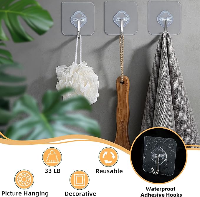 Adhesive Wall Hooks for Hanging, 50 Pack Heavy Duty Stainless Self Sticky Hooks, Waterproof and Rustproof Clear Self Adhesive Utility Hooks for Bathroom Kitchen Office Outdoor Inside Wardrobe Towel