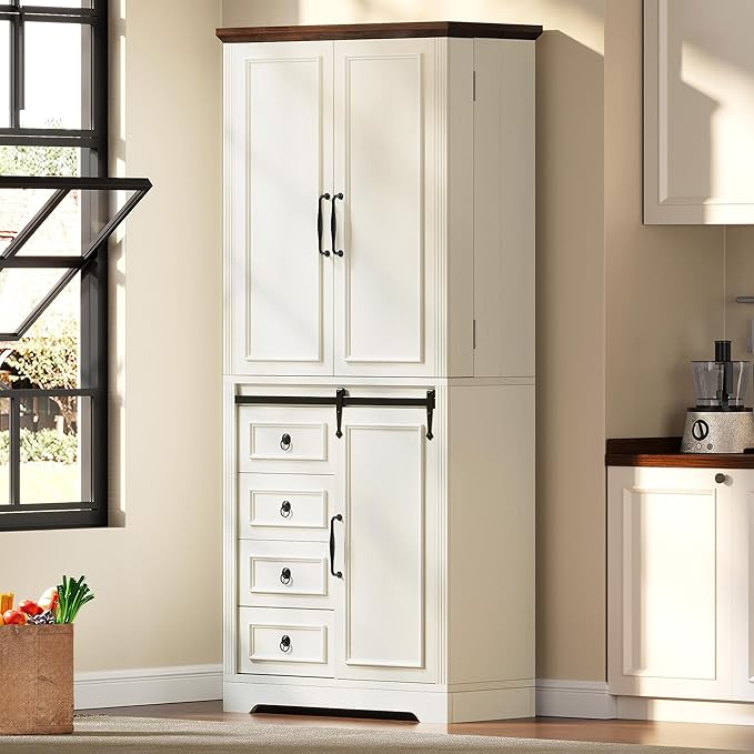 YITAHOME Pantry Cabinet, 71-Inch Tall Freestanding Storage Cabinet with 4 Drawers, Farmhouse Cupboard with Doors Storage, Adjustable Shelves, for Living Room, Dining Room, White Walnut