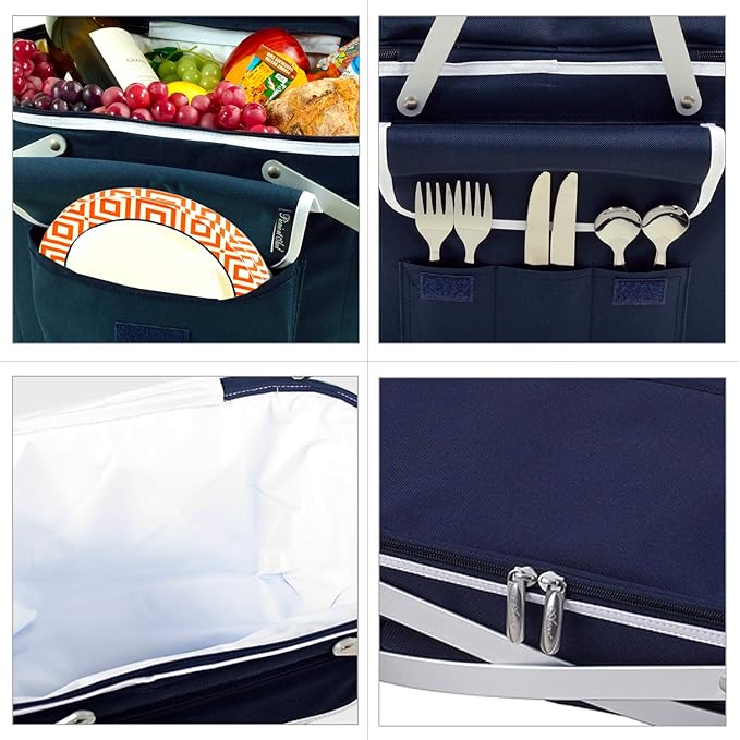 Picnic at Ascot Patented Collapsible Insulated Picnic Basket Equipped with Service For 4- Designed and Assembled in USA