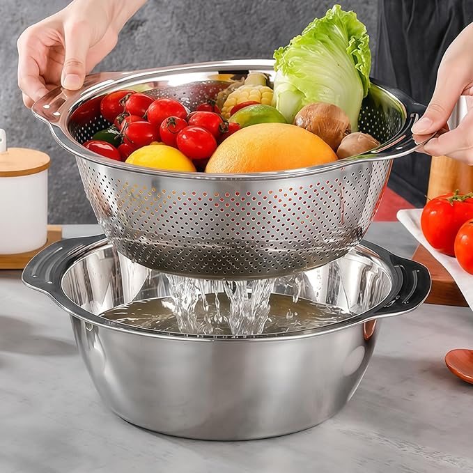 Versatile 3.5 Quart Kitchen Colander Set with Handle, Micro-Perforated Strainer for Pasta, Rice, Vegetables, Fruits, Heated 18/10 Stainless Steel Mixing Bowl for Salad, Cooking, Baking