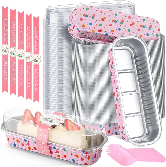 Tioncy 50 Pcs Mini Pink Loaf Pans with Lids Spoons Sticker Colorful Dots 6.8oz Disposable Rectangle Aluminum Foil Baking Pans Muffin Cupcake Cups for Picnics Wedding Birthday Baby Shower
