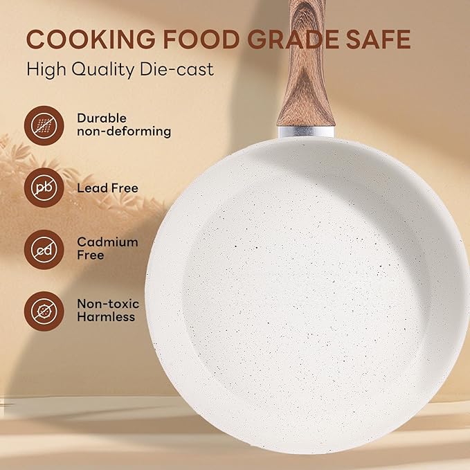 NEWBULIG Cookware Set, Nonstick & Non-Toxic Pots and Pans with Stay-Cool Handles, Induction Compatible, Cream White, 17 Pieces(6 Pot)