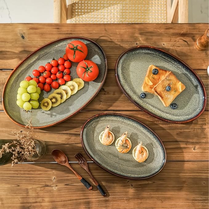 Ceramic Large Serving Platters- Set of 3 Oval Platters for Entertaining. Modern Kitchen Dishes for Dinner, Fruit, Salad, Turkey, etc. Oven, Dishwasher Safe, 15.75" / 13.75" /12",Caramel Brown