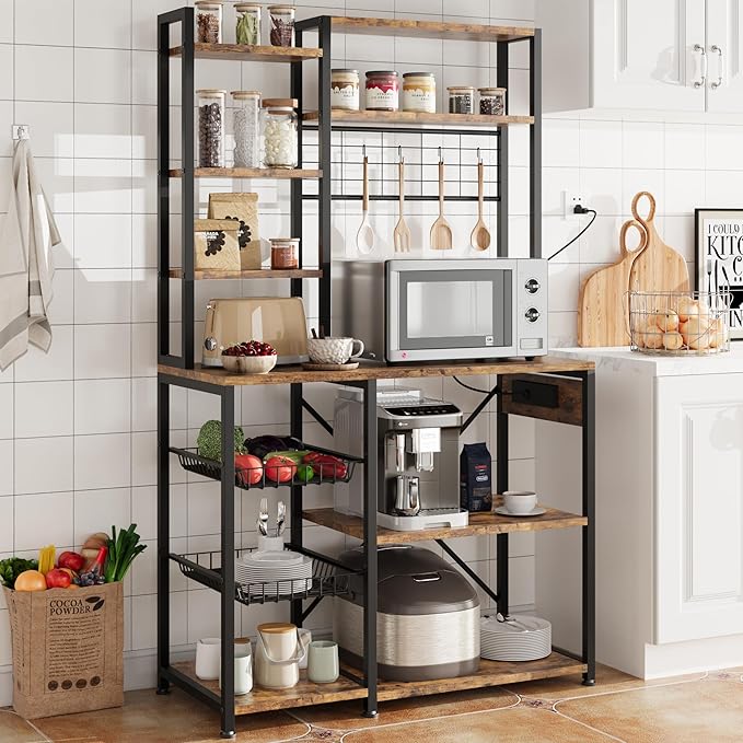 Bakers Rack with Power Outlet, 7-Tier Microwave Stand with Wire Basket, Coffee Bar with 4 s-Shaped Hooks, Kitchen Open Storage Shelf Rack for Spices, Pots, Brown