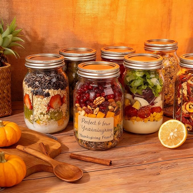 WELLIFE Wide Mouth Mason Jars, 6 Pack Mason Jars 32 oz for Pickling, Canning, Fermenting and Food Storage, Microwave & Dishwasher Safe