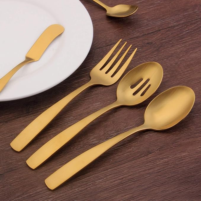 O.C.E. 5-Piece Matte Gold Serving Flatware Silverware Set, Utensil Set of Stainless Steel, Satin Finish, Hostess Tableware Serving Set, Dishwasher Safe