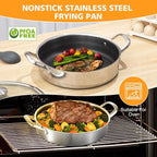 Stainless Steel Saute Pan 12 inch Deep Frying Pan,5 Quarts Nonstick Skillet Large Sauté Pan with Lid,PFOA Free Cookware,Induction Compatible Chef Cooking Pan,Dishwasher & Oven Safe