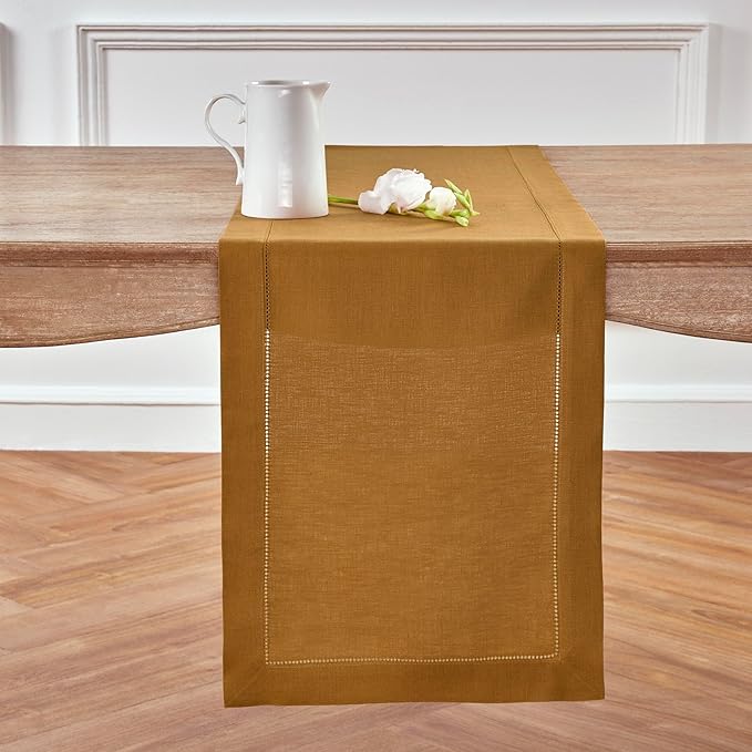 Solino Home Linen Brown Sugar Table Runner 144 Inches Long - 100% Pure Linen Extra Long Table Runner 14 x 144 Inch for Summer, Fall, Autumn - Classic Hemstitch