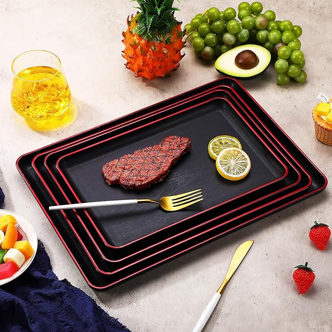 Rtteri Set of 4 Large Serving Platter Set 15/14/13/12 Inch Heavy Plastic Serving Trays Unbreakable Rectangular Platter Reusable Wood Grain Tray for Buffet Wedding Christmas Party(Black and Red)