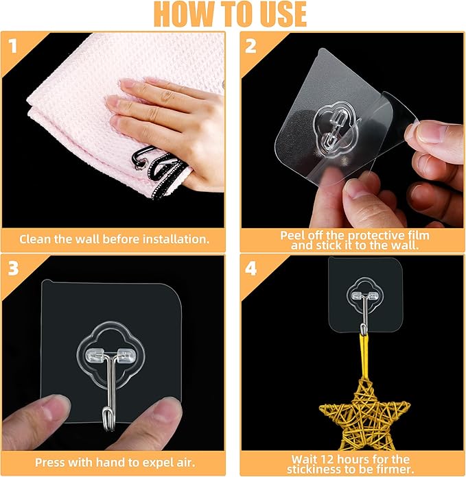 Adhesive Wall Hooks for Hanging, 50 Pack Heavy Duty Stainless Self Sticky Hooks, Waterproof and Rustproof Clear Self Adhesive Utility Hooks for Bathroom Kitchen Office Outdoor Inside Wardrobe Towel