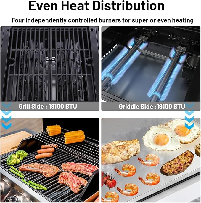 2 in 1 Propane Griddle Grill Combo 38200 BTU, 4-Burner Propane Gas BBQ Grill with 2 Foldable Side Table for Outdoor Cooking Camping Patio Backyard (propane+griddle)