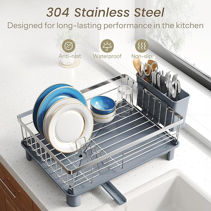 Dish Drying Rack - Small Dish Rack for Kitchen Counter, Stainless Steel Dish Drainer with Utensil Holder and Drainboard (Silver)