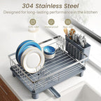 Dish Drying Rack - Small Dish Rack for Kitchen Counter, Stainless Steel Dish Drainer with Utensil Holder and Drainboard (Silver)