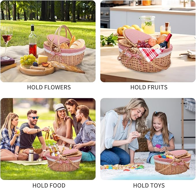 Natural Rattan Picnic Basket for 4 Adults - Portable Wicker Hamper with Removable Red & White Gingham Lining, Foldable Handles & Lockable Lid, Detachable Cushioned Tote (15"x11"x7" Outdoor Essentials)