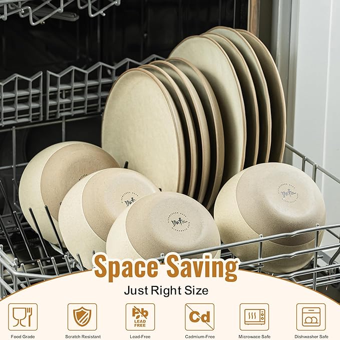 12 Pieces Dinnerware Sets,Plates and Bowls Sets, Handmade Reactive Glaze Dishes Set for 4 with at Least 10% Recycled Ceramic (Beige)