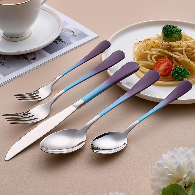 20-Piece Blue and Purple Silverware Set for 4, 18/0 Stainless Steel Flatware Cutlery Utensils Set, Includes Dinner Knives, Forks, Spoons, Salad Forks, Teaspoons, Dishwasher Safe