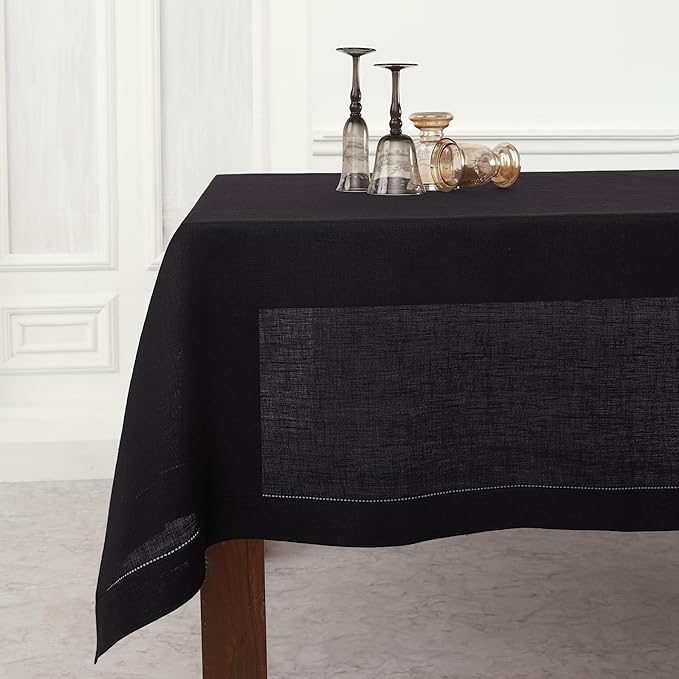 Solino Home Linen Tablecloth 60 x 108 Inch - Classic Hemstitch 100% Pure Linen Black Table Cloth for Rectangle Tables - Machine Washable Tablecloth for Summer, Fall, Autumn, Halloween
