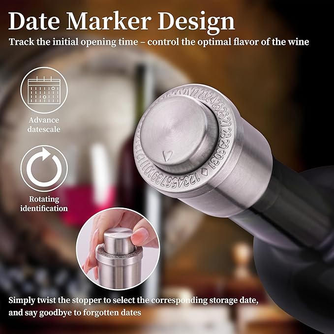 Wine Stoppers Vacuum for Wine Bottles - 2-Pack Stainless Steel Wine Saver with Date Markers, Reusable, Leak-Proof Wine Preserver, Perfect Gifts for Wine Lovers & Bar Accessories