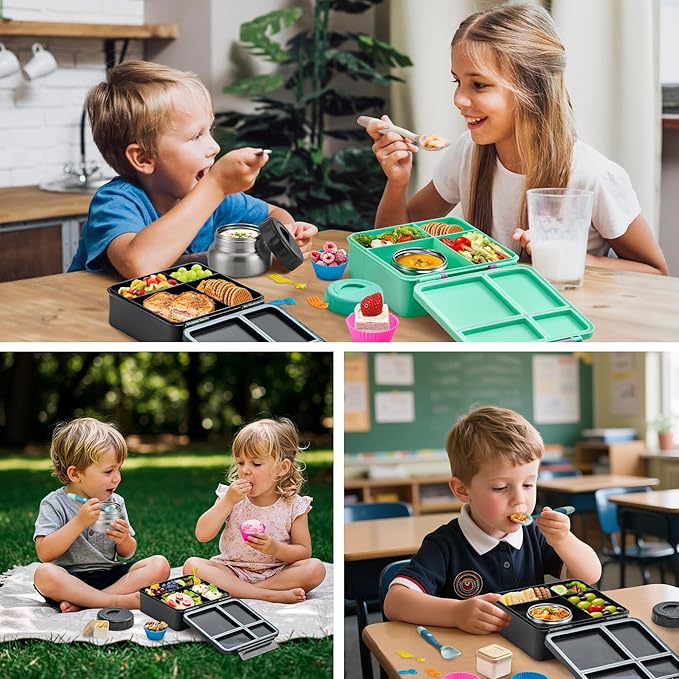 Bento Lunch Box with 9.5 oz Soup Thermo, Kids Leakproof 4 Compartments Bento Box with Silicone Cupcake,Fruit Fork,Spoon and Sauce Cup,Insulated Food Jar for School Travel-Black