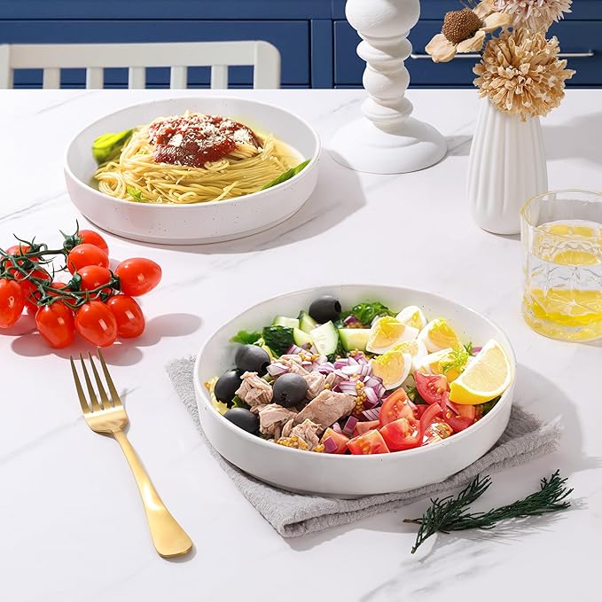 E-far Pasta Bowls Set of 4, 30oz Shallow Salad Bowls for Dinner Serving, 8.25" Stoneware Ceramic Bowl Plates for Noodle Soup, Microwave & Dishwasher Safe, Glossy Porcelain, Speckled White