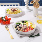 E-far Pasta Bowls Set of 4, 30oz Shallow Salad Bowls for Dinner Serving, 8.25" Stoneware Ceramic Bowl Plates for Noodle Soup, Microwave & Dishwasher Safe, Glossy Porcelain, Speckled White