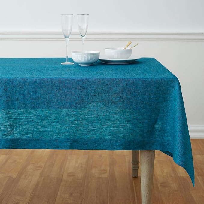 Solino Home Linen Tablecloth 60 x 120 Inch - 100% Pure Linen Chambray Teal Table Cloth for Rectangle Tables - Athena, Machine Washable Tablecloth for Summer, Fall, Autumn