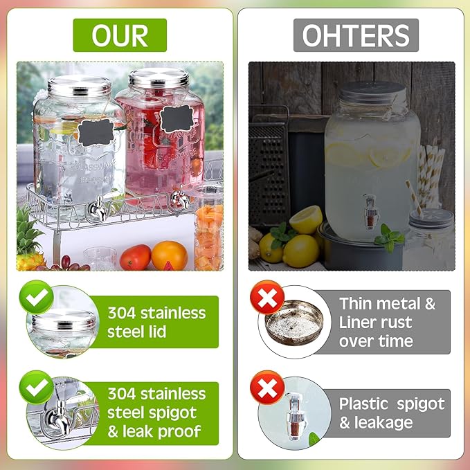 Lallisa 3 Pcs 2.5 Gallon Beverage Dispensers for Parties Glass Drink Water Dispenser with Stand Stainless Steel Leakproof Spigot Ice Cylinder Hanging Chalkboard Signs Pen(Silver)