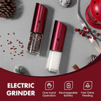 Vzaahu Gravity Electric Pepper and Salt Grinder Set of 2 - Rechargeable, Refillable, Adjustable Coarseness, Stainless Steel Seasalt Peppermill with LED light - One Hand Operation (Red)
