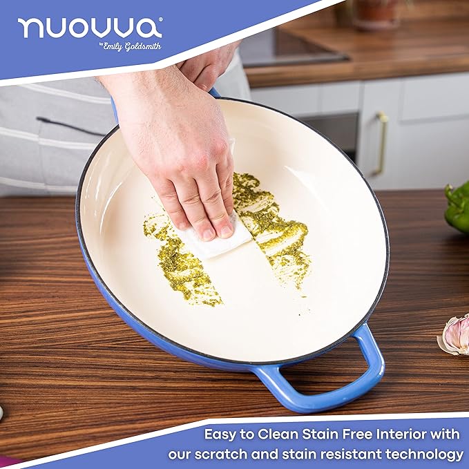 Cast Iron Dutch Oven with Lid – Non Stick Shallow Dutch Oven Pot, Oven Safe up to 500° F – Sturdy Cooking Pot – Enamelled Stockpot Cookware – Dark Blue, 3.7-Quart, 30cm – by Nuovva