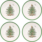 Spode Christmas Tree 10.5" Dinner Plate (Set of 4) - Festive Holiday Stoneware Plate with Christmas Tree & Green Borders, Microwave, Dishwasher, Freezer, Oven Safe - Collectible Holiday Tableware