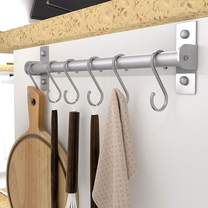 Dseap Kitchen Utensil Holder Hanger, Pot and Pan Rack Wall Mounted, Kitchen Rail with 8 Hooks for Hanging Cooking Utensils, Mugs, Spoons, Wall Mounted, Silver, Pack of 2