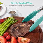 600ºF Heat Resistant Kitchen Tongs: U-Taste 9 inch Silicone Cooking Tong with Firm Sealed Non Stick Rubber Tips & Silicon Coated 18/8 Stainless Steel Handle & Smooth Locking for Serving Salad-Aqua Sky