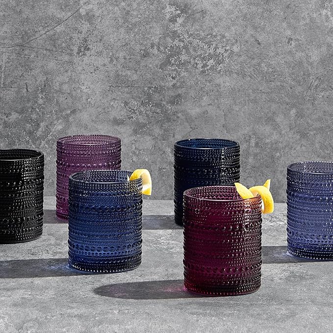 Hobnail Beaded Highball Drinking Tumbler Glasses | Set of 6 | Color, Vintage Bubble Design Whiskey Glassware, Old-Fashioned, Embossed Design for Water, Wine, Cocktail Embossed Heavy Glas, Rocks Glass