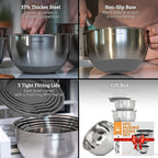 Priority Chef Premium Mixing Bowls With Airtight Lids Set, Thicker Stainless Steel Mixing Bowl Set, Large Prep Metal Bowls with Lids, Nesting Bowls for Kitchen, 1.5/2/3/4/5 Qrt, Grey