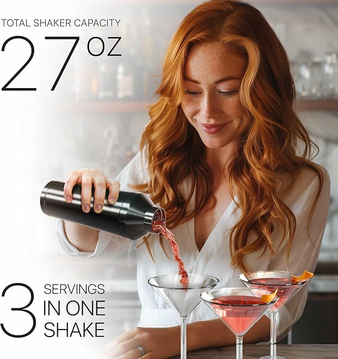 Insulated Cocktail Shaker Set | Double Wall Stainless Steel | Martini Shaker for Home Bar Bartending | Built-in Drink Measurement System & Strainer, Travel Bag, 35 Recipes | Gift Set (Slate Gray)