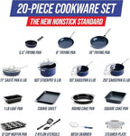 Blue Diamond 20 Piece Nonstick Cookware Set, Diamond Ceramic Pots & Pans, Dishwasher & Metal Utensil Safe, Non Toxic PFAS-Free, Kitchen Cooking Sauce & Saute Pans, Oven & Broiler to 600F, Blue