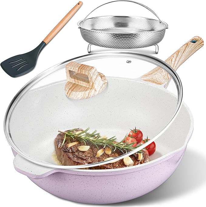 AOSION 12 Inch Nonstick Ceramic Deep Frying Pan,5.5QT Sauté Pan with lid,Large Skillet with Steam Rack,Healthy Jumbo Cooker,Stay Cool Handle,Induction Compatible, PFOA & PFAS Free. (PURPLE)