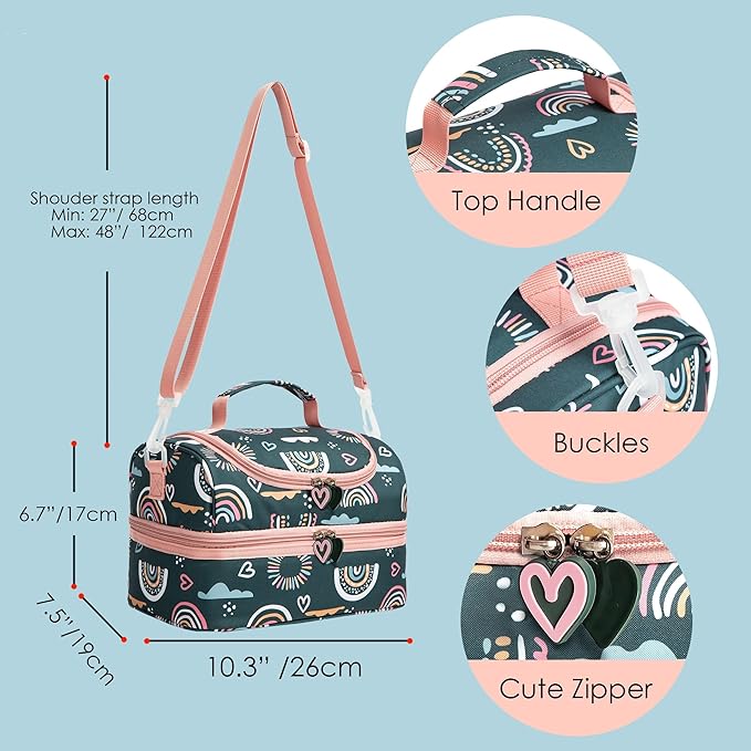 Insulated Kids Dual Compartment Lunch Bags Tote Pack for Girls Boys Toddler Kindergarten School Picnic Cooler Thermal Lunch Boxes with Strap (Green Rainbow)
