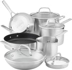KitchenAid 3-Ply Base Brushed Stainless Steel Induction Pots and Pans Set with Nonstick Round Grill Pan and Lids, Dishwasher Safe, 10 Piece Cookware Set, Brushed Stainless Steel
