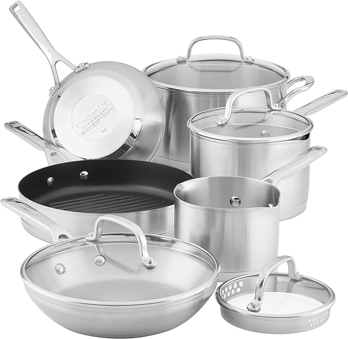 KitchenAid 3-Ply Base Brushed Stainless Steel Induction Pots and Pans Set with Nonstick Round Grill Pan and Lids, Dishwasher Safe, 10 Piece Cookware Set, Brushed Stainless Steel