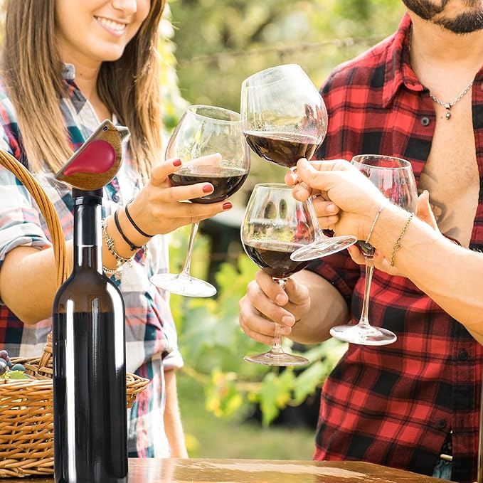 Wine Bottle Pourer, Fun Wine Pourer Spout Sings While It Pours, Airtight Wine Bottle Sealer, Acacia Wood with Red Wings