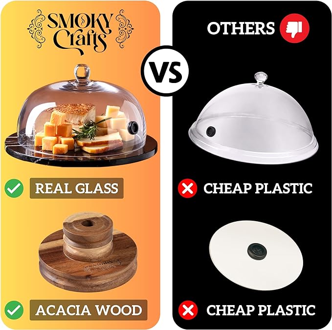 Food and Drink Smoker Kit with Smoke Gun, 8" Smoking Cloche Glass Dome, Acacia Cocktail Smoke Top and Wood Chips (Apple & Cherry) - Whiskey Smoker Kit - Gifts for Men