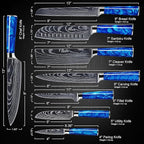 SENKEN 8-Piece Japanese Knife Set - Blue Resin Handle, Laser Damascus Blades - Chef's, Santoku, Bread & Paring Knives