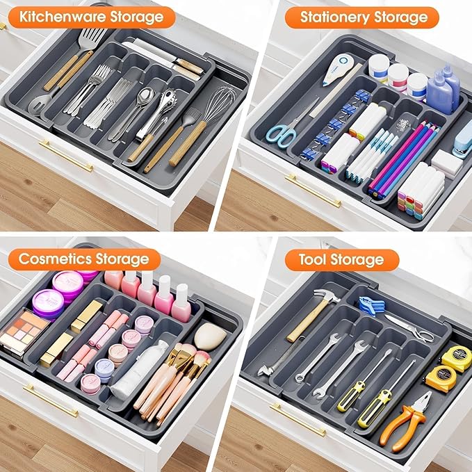 Silverware Organizer，Adjustable & Expandable Utensil Drawer Organizer, BPA Free Utensil Holder, Cutlery Tray for Forks, Spoons, Knives in Kitchen, Medium, Grey