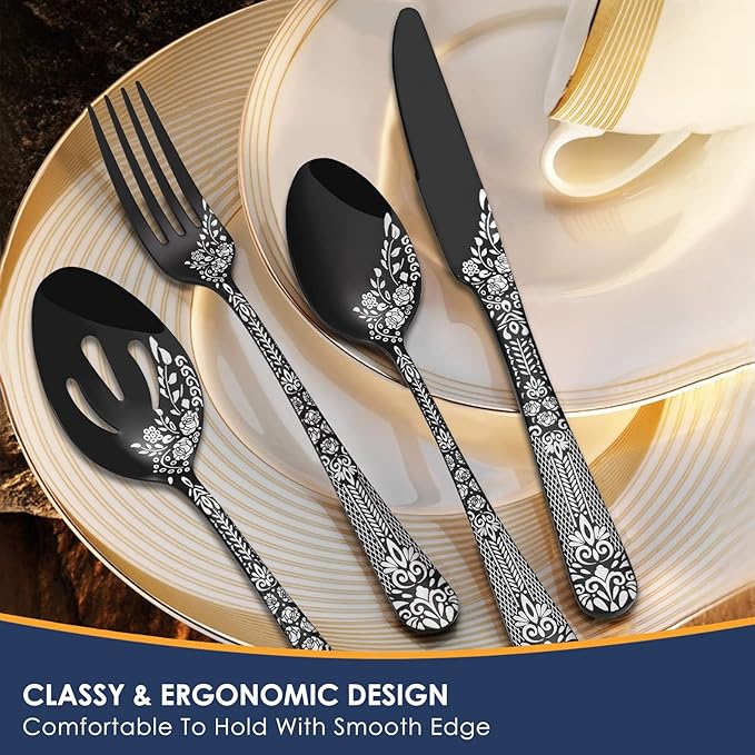 EUIRIO 53-Piece Black Silverware Set with Serving Utensils, Black Flatware Set for 8, Stainless Steel Mirror Cutlery Set, Spoons Forks Knives with Unique Floral Laser, Tableware Set, Dishwasher Safe