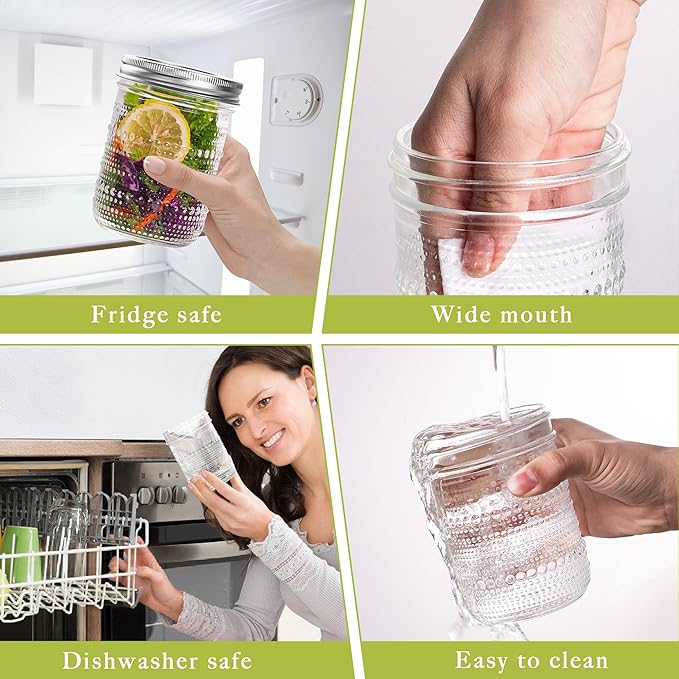 Mason Jars 16 Oz with Lids 6 Packs, Vintage Wide Mouth Glass Canning Jar for Pickling, Fermenting, Storing, Canning, Home Decor, Salad Jam and DIY Crafts